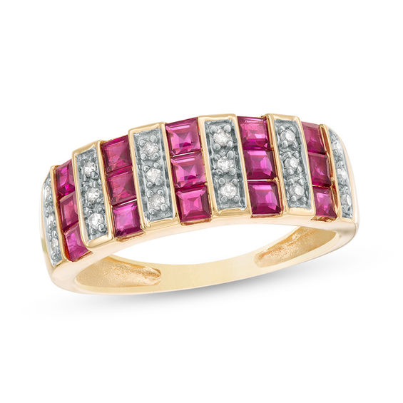 Princess-Cut Ruby and 1/15 CT. T.w. Diamond Alternating Ring in 10K Gold
