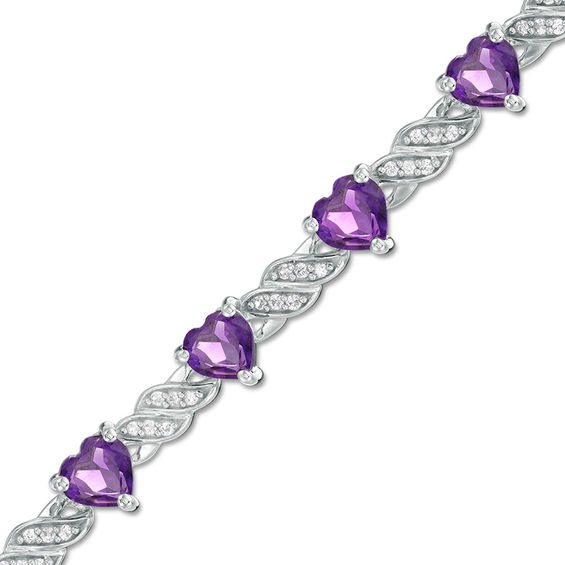 5.0mm Heart-Shaped Amethyst and Lab-Created White Sapphire Twisted Ribbon Link Bracelet in Sterling Silver - 7.25"