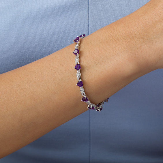 5.0mm Heart-Shaped Amethyst and Lab-Created White Sapphire Twisted Ribbon Link Bracelet in Sterling Silver - 7.25"