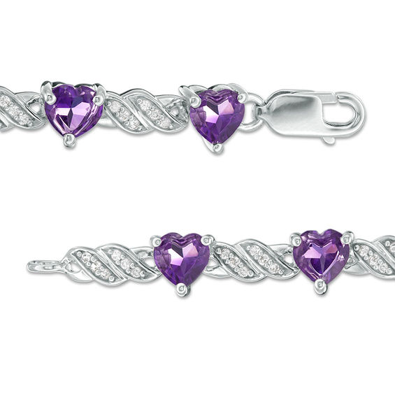5.0mm Heart-Shaped Amethyst and Lab-Created White Sapphire Twisted Ribbon Link Bracelet in Sterling Silver - 7.25"