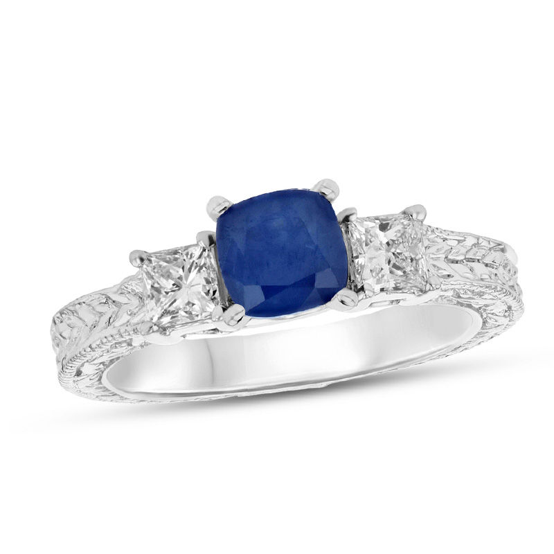 5.0mm Cushion-Cut Blue Sapphire and 3/8 CT. T.W. Princess-Cut Diamond Three Stone Engagement Ring in 14K White Gold