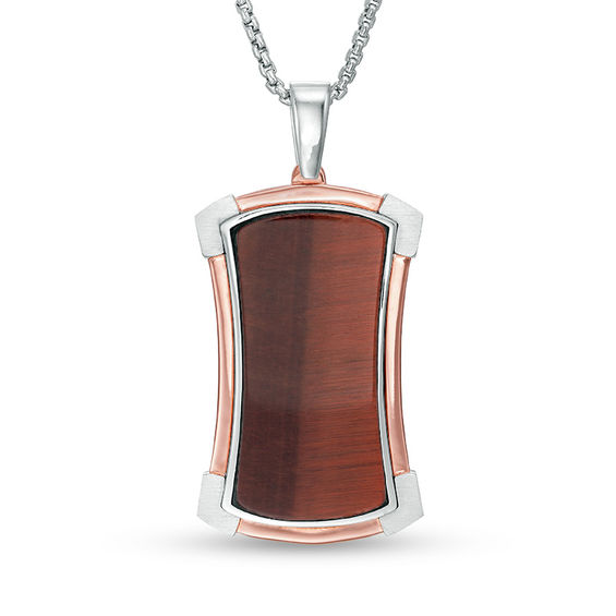 Men's Red Tiger's Eye Frame Dog Tag Pendant in Sterling Silver and Rose Rhodium - 24"