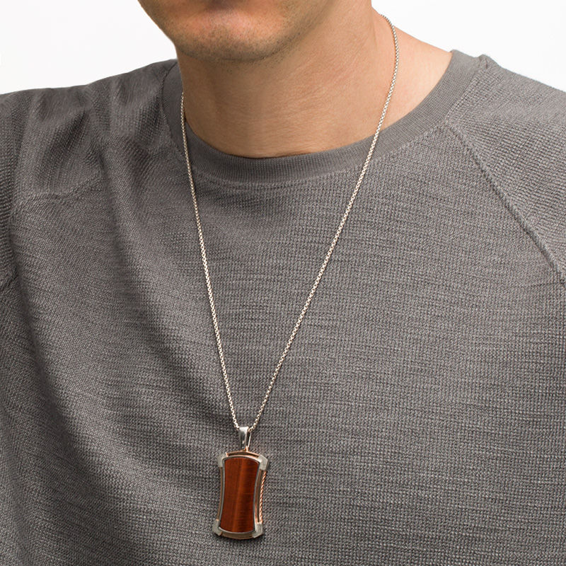 Main Image 2 of Men's Red Tiger's Eye Frame Dog Tag Pendant in Sterling Silver and Rose Rhodium - 24"