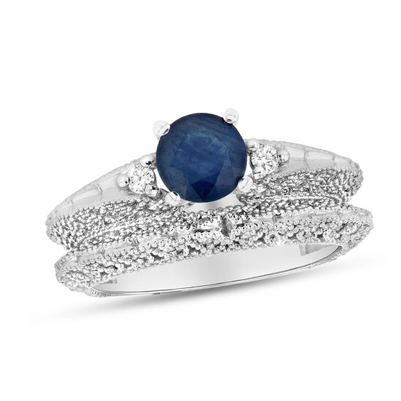 6.0mm Blue Sapphire and 1/3 CT. T.W. Diamond Paisley Vintage-Style Bridal Set in 14K White Gold 6.0mm Blue Sapphire and 1/3 CT. T.W. Diamond Paisley Vintage-Style Bridal Set in 14K White Gold