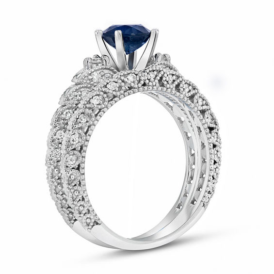 6.0mm Blue Sapphire and 1/3 CT. T.W. Diamond Paisley Vintage-Style Bridal Set in 14K White Gold 6.0mm Blue Sapphire and 1/3 CT. T.W. Diamond Paisley Vintage-Style Bridal Set in 14K White Gold
