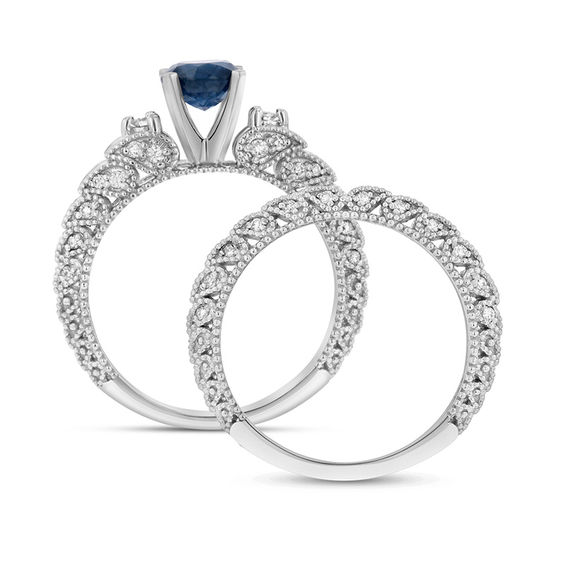6.0mm Blue Sapphire and 1/3 CT. T.W. Diamond Paisley Vintage-S 6.0mm Blue Sapphire and 1/3 CT. T.W. Diamond Paisley Vintage-Style Bridal Set in 14K White Gold