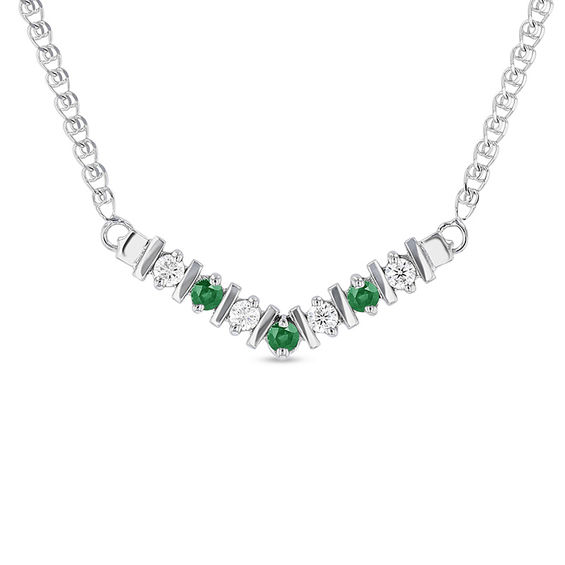 Emerald and 1/8 CT. T.w. Diamond "V" Necklace in 14K White Gold - 17"
