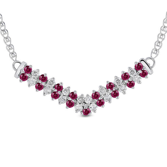 Alternating Ruby and 1/3 CT. T.w. Diamond Double Row Chevron Necklace in 14K White Gold - 17.25"