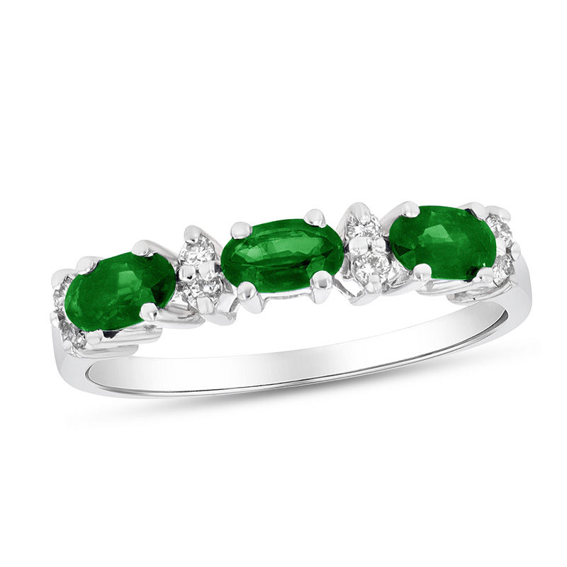 Sideways Oval Emerald and 1/10 CT. T.W. Diamond Three Stone Ring in 14K White Gold