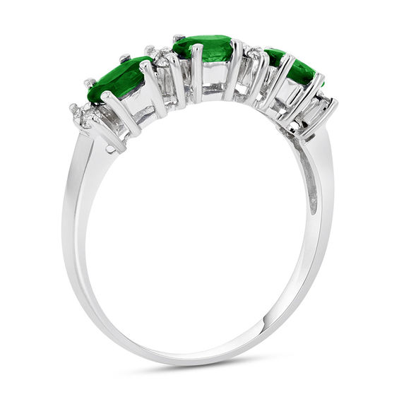 Sideways Oval Emerald and 1/10 CT. T.w. Diamond Three Stone Ring in 14K White Gold