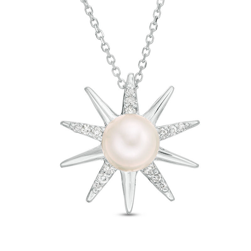 6.5mm Cultured Freshwater Pearl and 1/10 CT. T.W. Diamond Sunburst Pendant in 10K White Gold