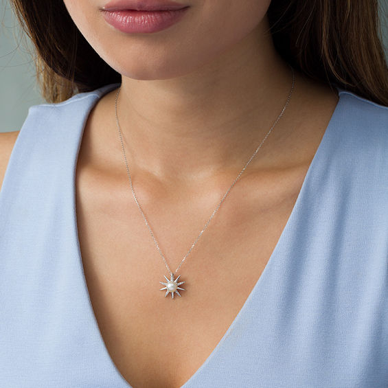 6.5mm Freshwater Cultured Pearl and 1/10 CT. T.w. Diamond Sunburst Pendant in 10K White Gold
