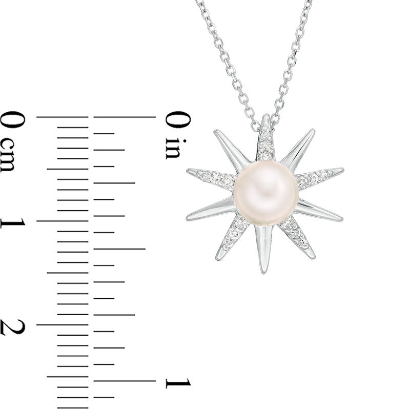 6.5mm Cultured Freshwater Pearl and 1/10 CT. T.W. Diamond Sunburst Pendant in 10K White Gold