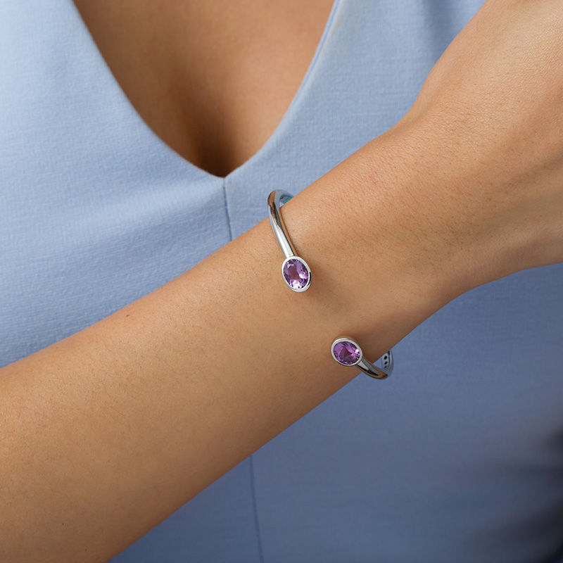 Bezel-Set Oval Amethyst Cuff in Sterling Silver