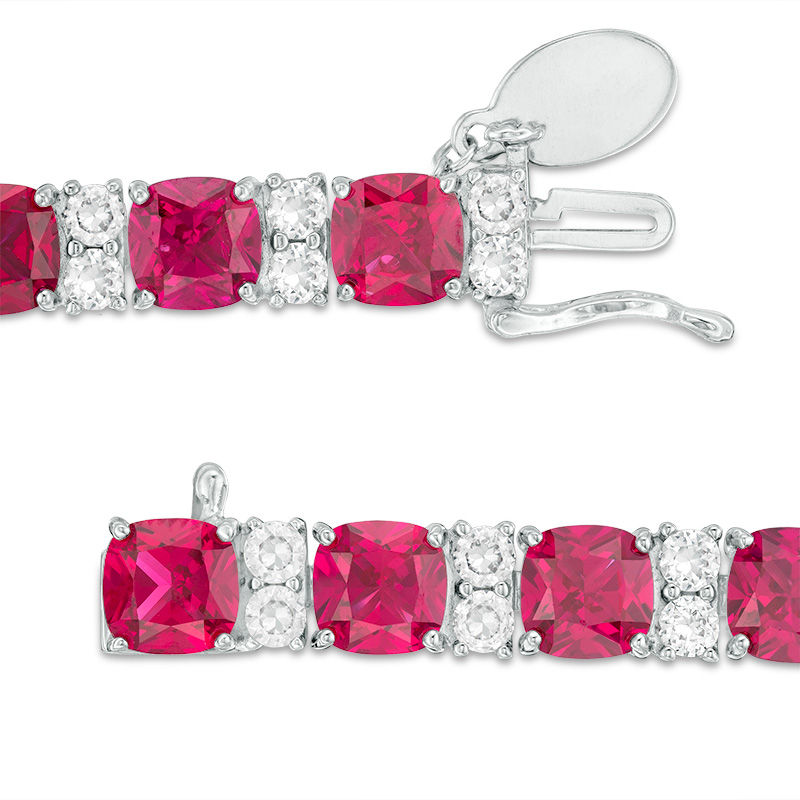 6.0mm Cushion-Cut Lab-Created Ruby and White Sapphire Alternating Tennis Bracelet in Sterling Silver - 7.25"