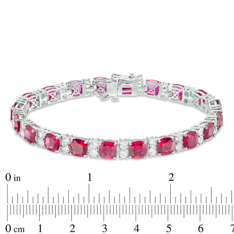 6.0mm Cushion-Cut Lab-Created Ruby and White Sapphire Alternating Tennis Bracelet in Sterling Silver - 7.25"