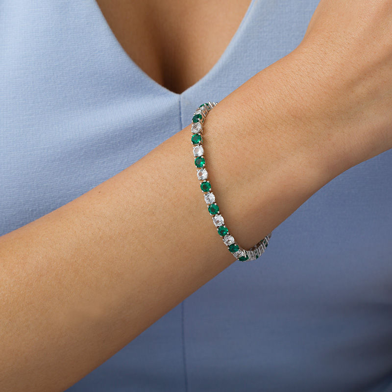 4.0mm Lab-Created Emerald and White Sapphire Alternating Tennis Bracelet in Sterling Silver - 7.25"