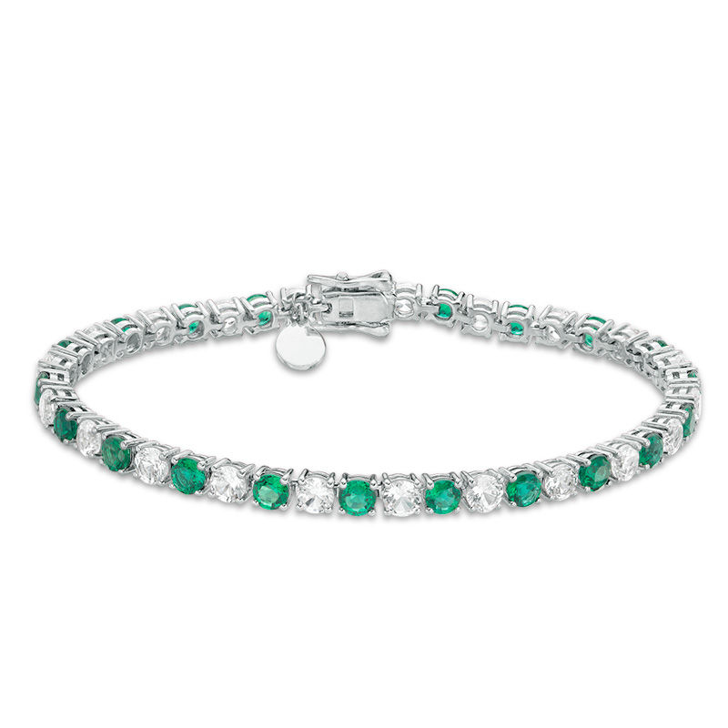 4.0mm Lab-Created Emerald and White Sapphire Alternating Tennis Bracelet in Sterling Silver - 7.25"