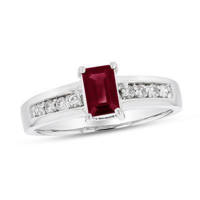 Emerald-Cut Ruby and 1/6 CT. T.W. Diamond Engagement Ring in 14K White Gold  | Zales