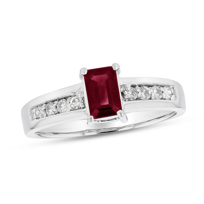 Ruby and 1/3 CT. T.W. Diamond Five Stone Band in 14K White Gold | Zales