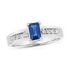 Thumbnail Image 0 of Emerald-Cut Blue Sapphire and 1/6 CT. T.W. Diamond Channel Engagement Ring in 14K White Gold