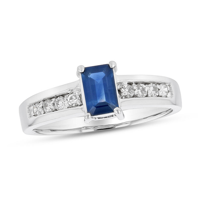 Emerald-Cut Blue Sapphire and 1/6 CT. T.W. Diamond Channel Engagement Ring in 14K White Gold