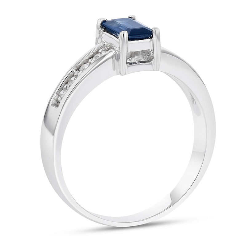 Emerald-Cut Blue Sapphire and 1/6 CT. T.W. Diamond Channel Engagement Ring in 14K White Gold