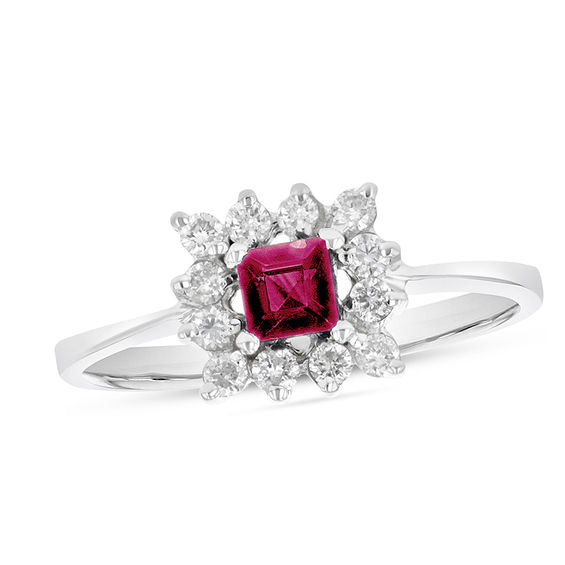 4.0mm Princess-Cut Ruby and 1/4 CT. T.w. Diamond Shadow Frame Ring in 14K White Gold