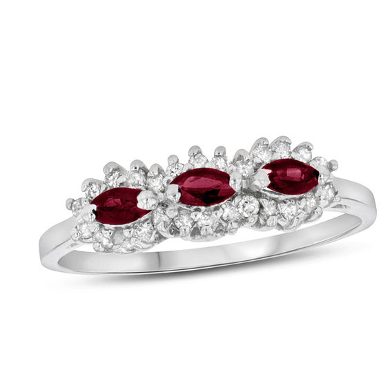 Sideways Marquise Ruby and 1/5 CT. T.w. Diamond Frame Three Stone Ring in 14K White Gold