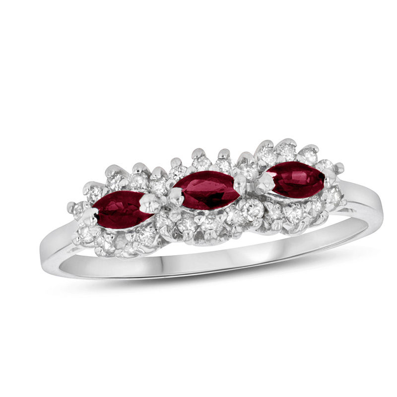 Sideways Marquise Ruby and 1/5 CT. T.W. Diamond Frame Three Stone Ring in 14K White Gold