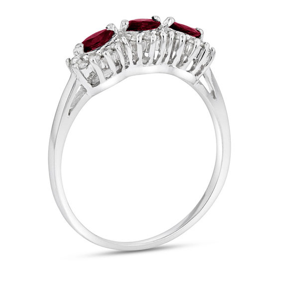 Sideways Marquise Ruby and 1/5 CT. T.w. Diamond Frame Three Stone Ring in 14K White Gold