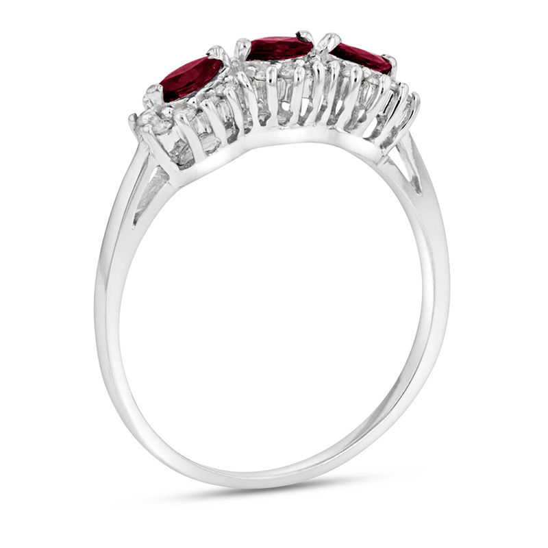 Sideways Marquise Ruby and 1/5 CT. T.W. Diamond Frame Three Stone Ring in 14K White Gold