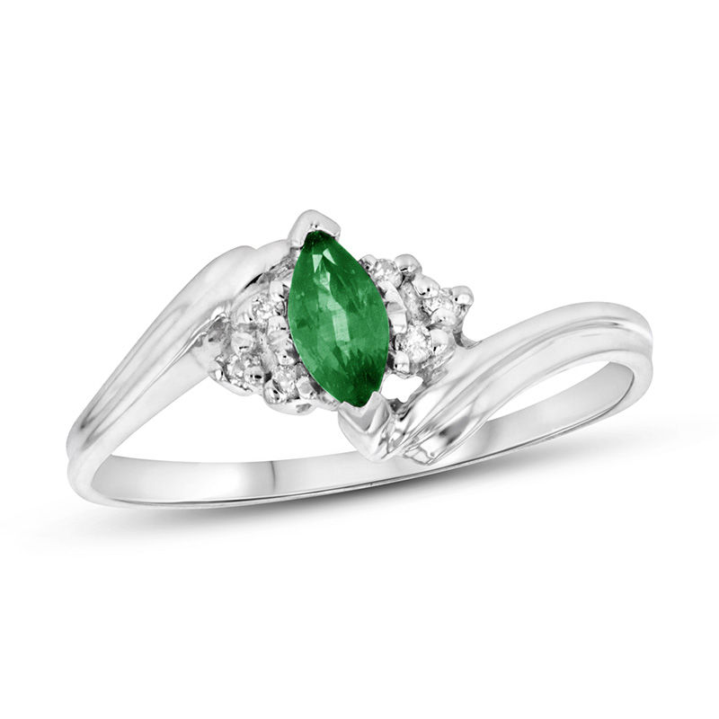 Marquise Emerald and 1/20 CT. T.W. Diamond Tri-Sides Bypass Ring in 14K White Gold