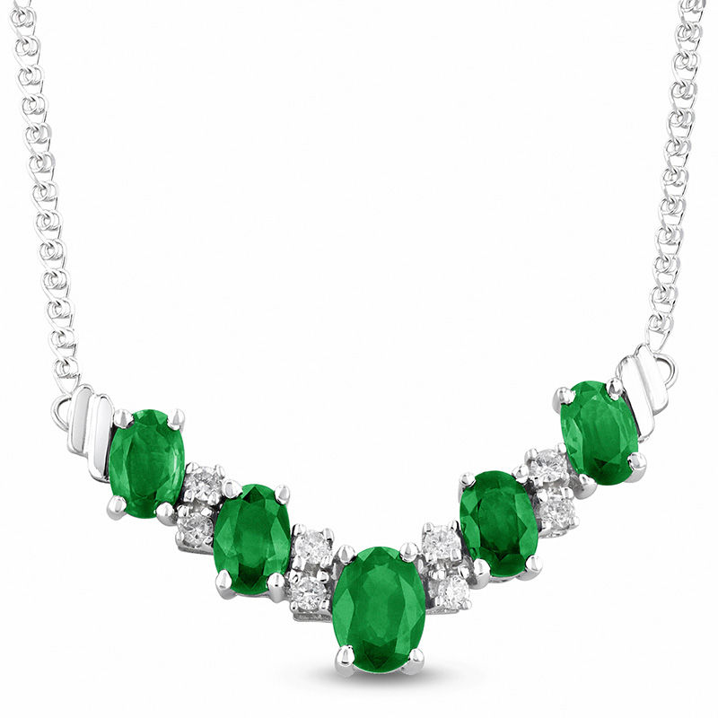 Alternating Oval Emerald and 1/5 CT. T.W. Diamond Chevron Necklace in 14K White Gold - 17.33"