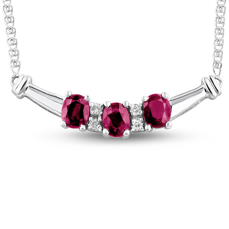 Oval Ruby and 1/15 CT. T.W. Diamond Three Stone Curved Bar Necklace in 14K White Gold - 17.25"