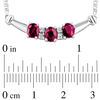 Thumbnail Image 1 of Oval Ruby and 1/15 CT. T.W. Diamond Three Stone Curved Bar Necklace in 14K White Gold - 17.25"