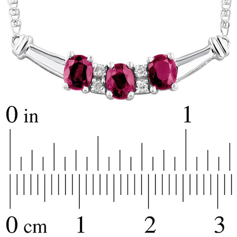 Oval Ruby and 1/15 CT. T.W. Diamond Three Stone Curved Bar Necklace in 14K White Gold - 17.25"