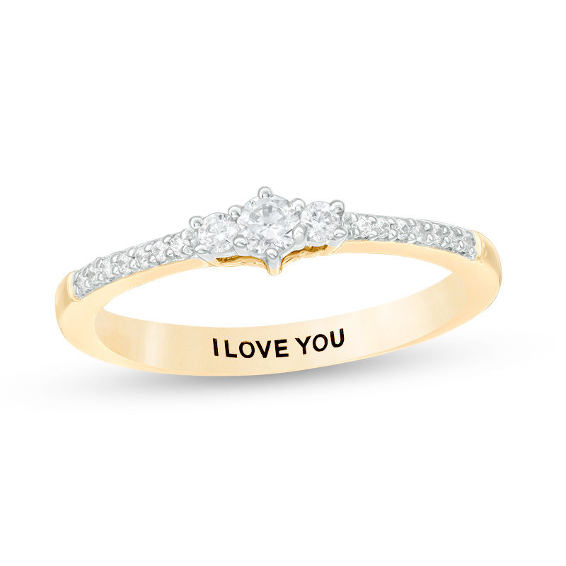 Engravable 1/8 CT. T.W. Diamond Three Stone Promise Ring in 10K White, Yellow or Rose Gold (1 Line)