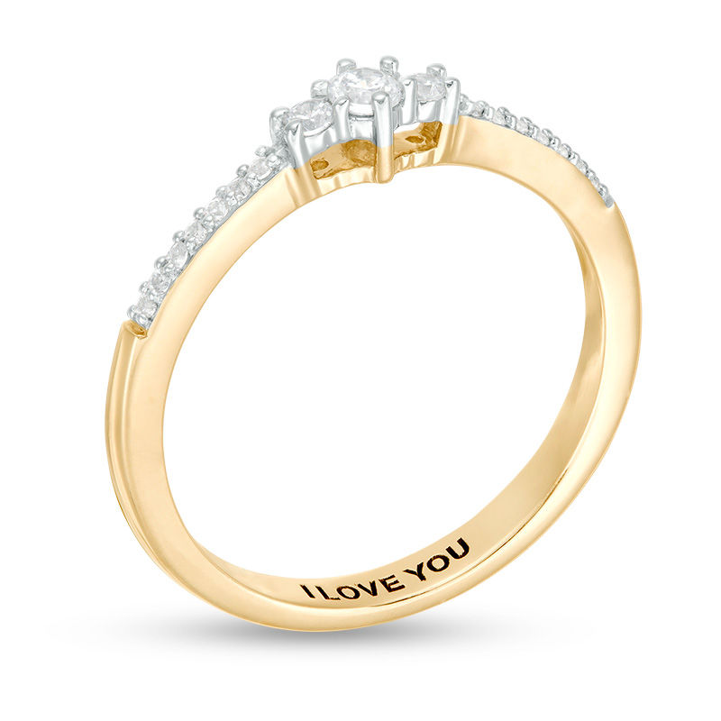 Engravable 1/8 CT. T.W. Diamond Three Stone Promise Ring in 10K White, Yellow or Rose Gold (1 Line)