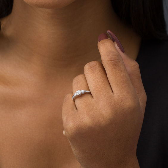 Engravable 1/4 CT. T.w. Diamond Three Stone Promise Ring in 10K White, Yellow or Rose Gold (1 Line)