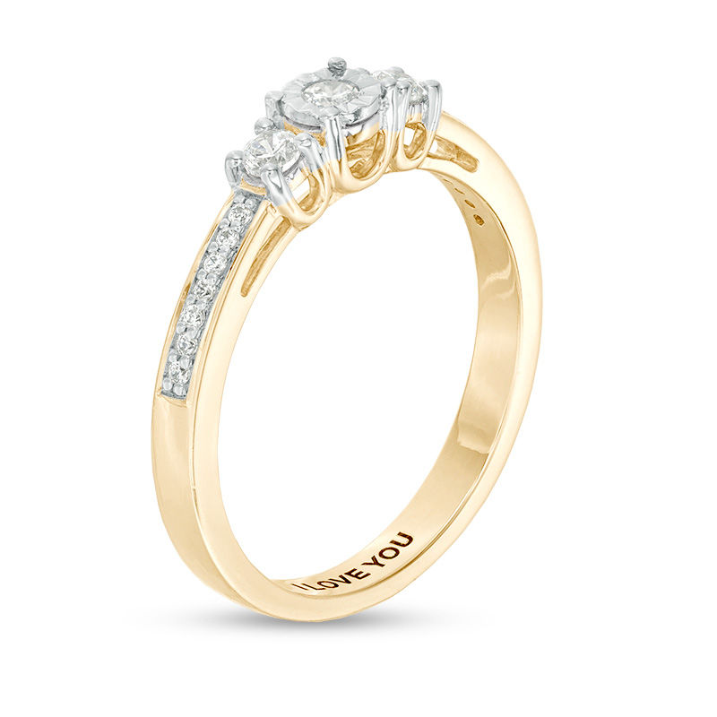 Engravable 1/4 CT. T.W. Diamond Three Stone Promise Ring in 10K White, Yellow or Rose Gold (1 Line)