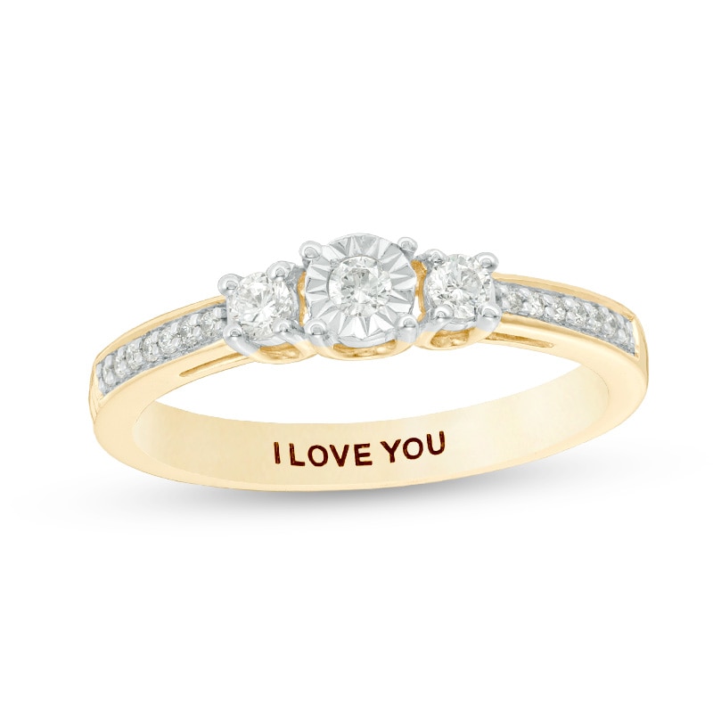 Main Image 1 of Engravable 1/4 CT. T.W. Diamond Three Stone Promise Ring in 10K White, Yellow or Rose Gold (1 Line)