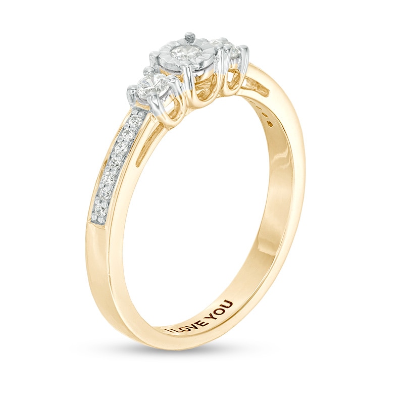 Main Image 3 of Engravable 1/4 CT. T.W. Diamond Three Stone Promise Ring in 10K White, Yellow or Rose Gold (1 Line)