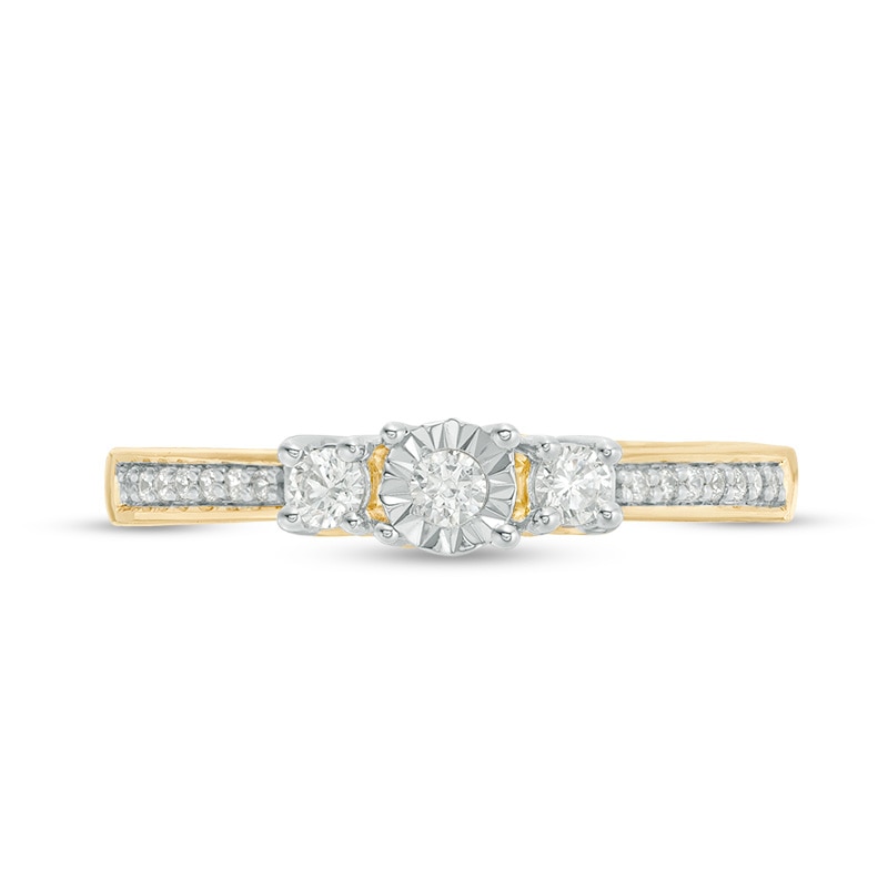 Main Image 4 of Engravable 1/4 CT. T.W. Diamond Three Stone Promise Ring in 10K White, Yellow or Rose Gold (1 Line)