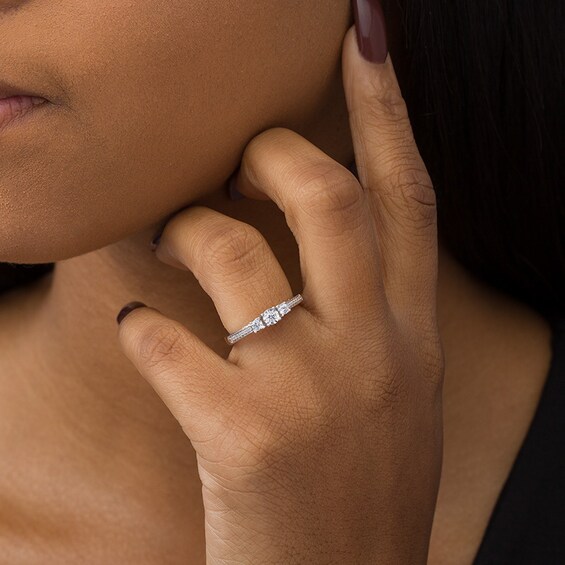 Engravable 1/4 CT. T.w. Diamond Three Stone Promise Ring in Sterling Silver (1 Line)