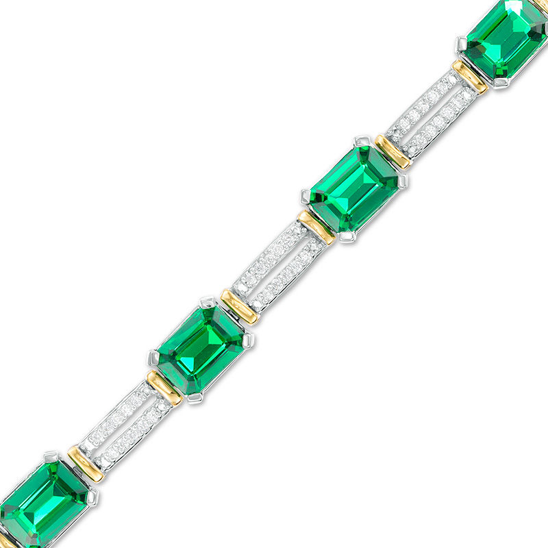 Main Image 1 of Emerald-Cut Lab-Created Emerald and 1/2 CT. T.W. Diamond Double Row Bracelet in Sterling Silver and 10K Gold - 7.5"