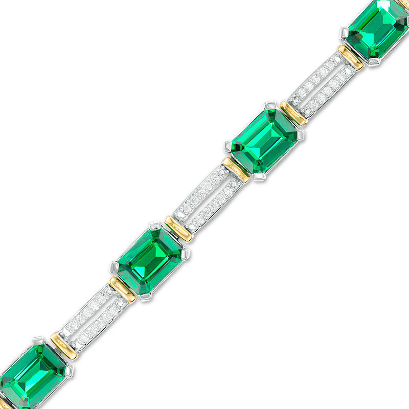 Emerald-Cut Lab-Created Emerald and 1/2 CT. T.W. Diamond Double Row Bracelet in Sterling Silver and 10K Gold - 7.5"