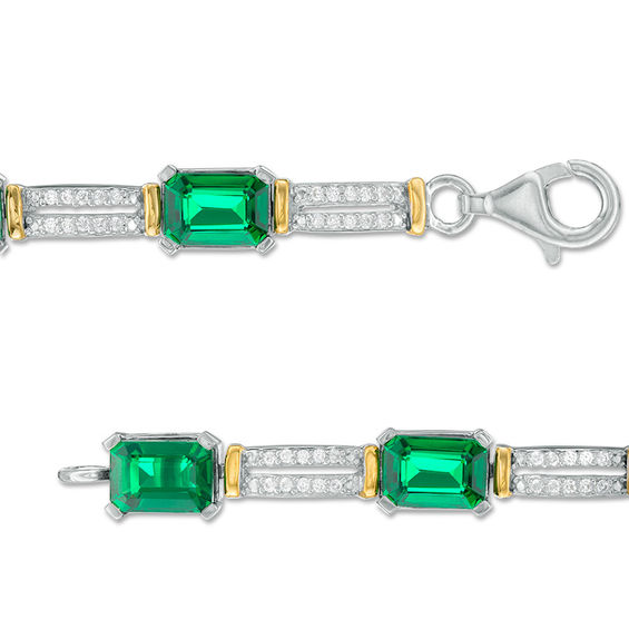 Emerald-Cut Lab-Created Emerald and 1/2 CT. T.W. Diamond Double Row Bracelet in Sterling Silver and 10K Gold - 7.5" Emerald-Cut Lab-Created Emerald and 1/2 CT. T.W. Diamond Double Row Bracelet in Sterling Silver and 10K Gold - 7.5"
