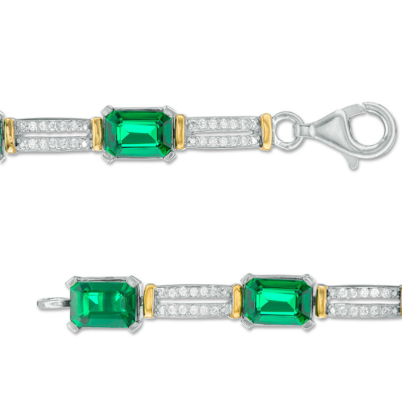 Main Image 2 of Emerald-Cut Lab-Created Emerald and 1/2 CT. T.W. Diamond Double Row Bracelet in Sterling Silver and 10K Gold - 7.5"