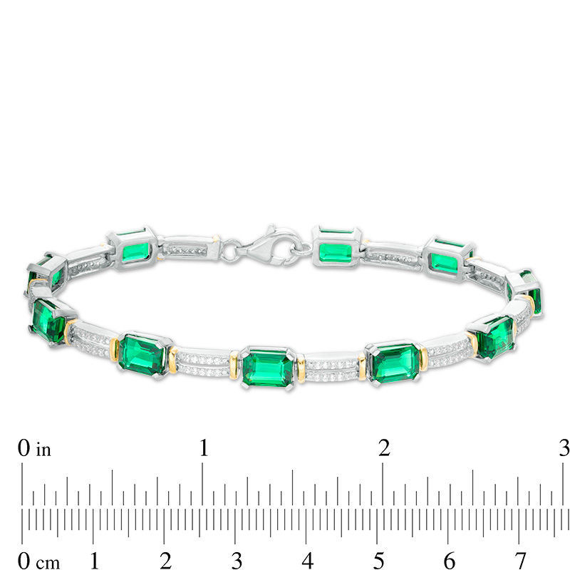 Emerald-Cut Lab-Created Emerald and 1/2 CT. T.W. Diamond Double Row Bracelet in Sterling Silver and 10K Gold - 7.5"